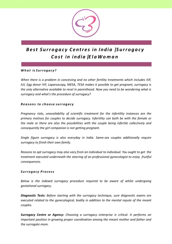 Best Surrogacy Centres in India | Surrogacy Cost in india | ElaWoman
