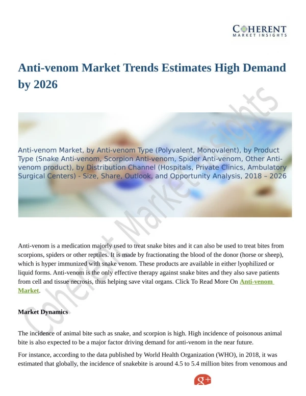 Anti-venom Market to Grow at a High CAGR by 2026