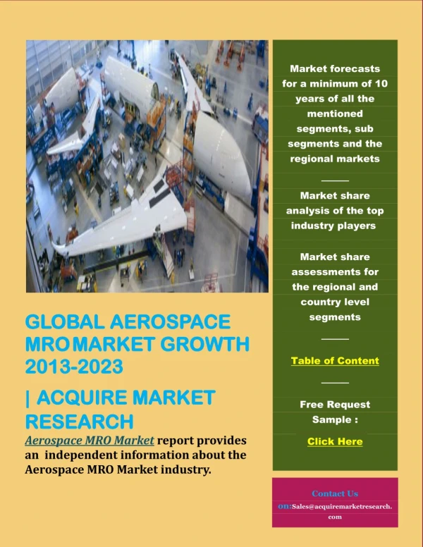 Aerospace MRO Market is projected to display CAGR of over 5.83% during 2018 -2023