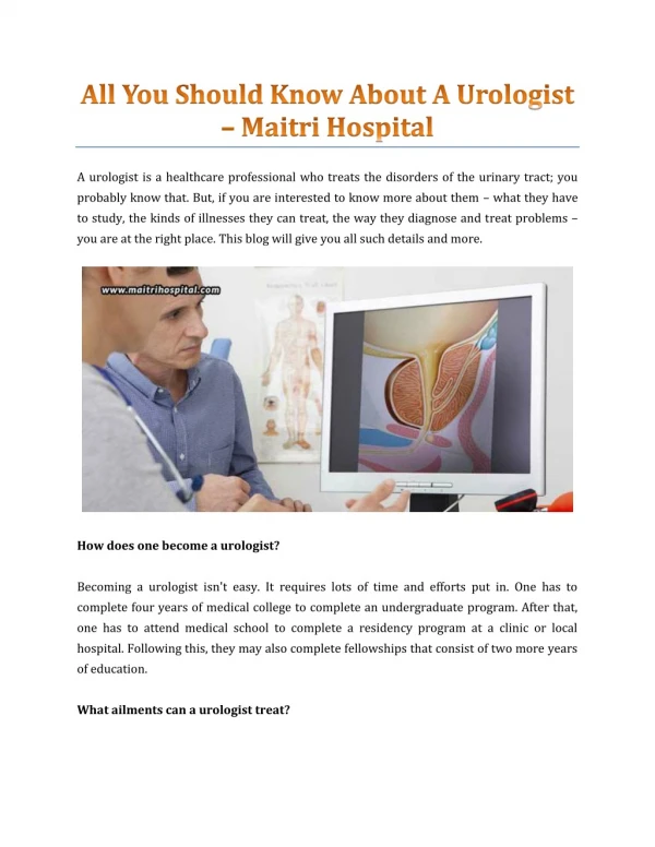 All You Should Know About A Urologist - Maitri Hospital Kota