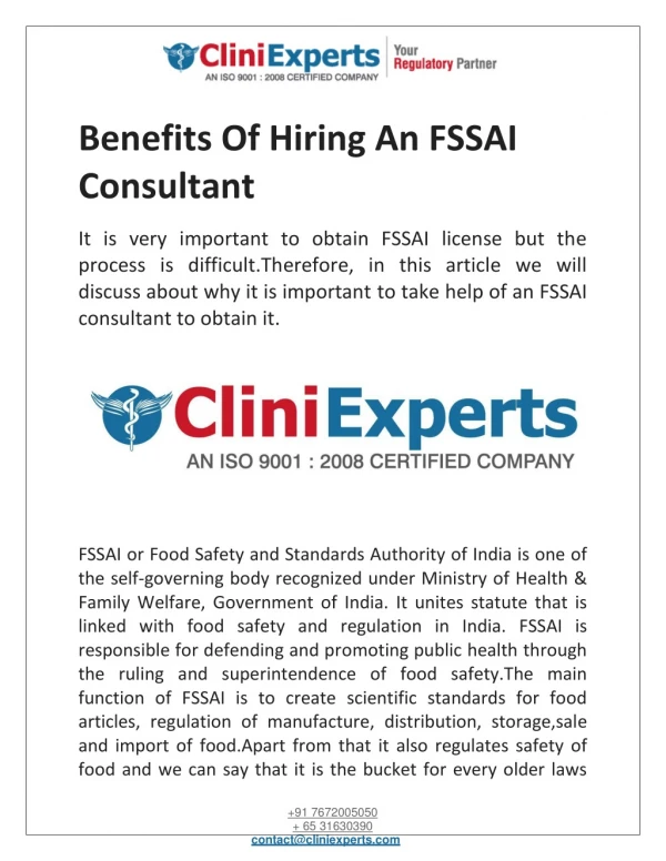 Benefits Of Hiring An FSSAI Consultant