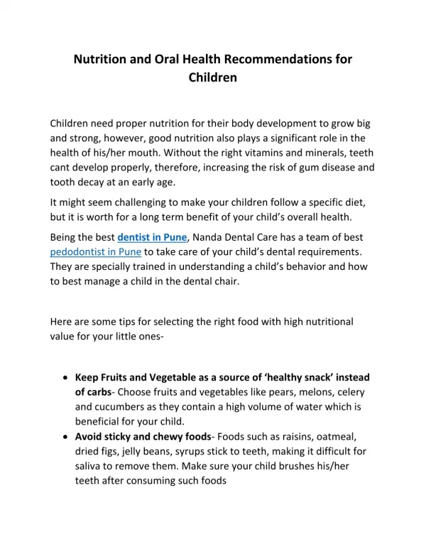 Nutrition and Oral Health Recommendations for Children