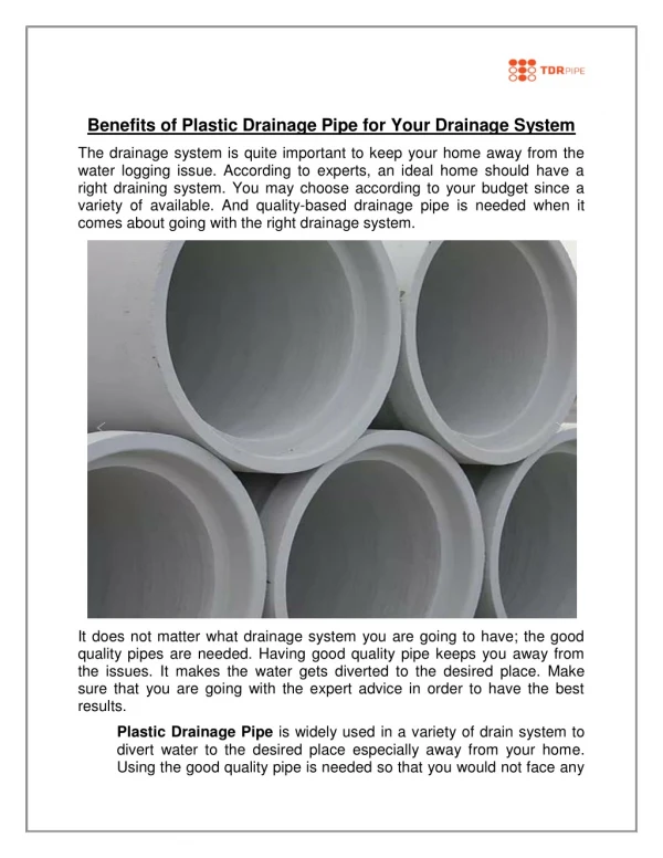 Benefits of Plastic Drainage Pipe for Your Drainage System