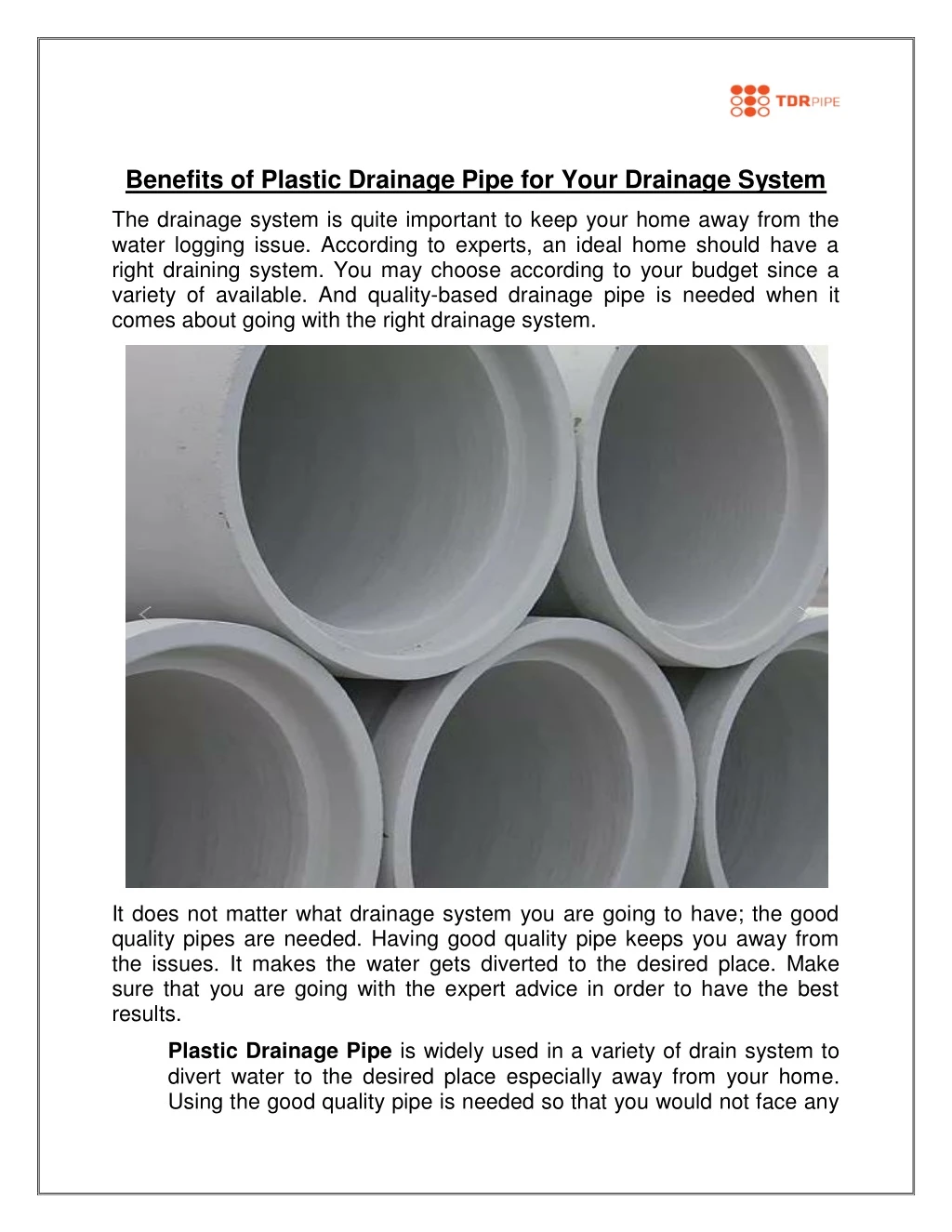 benefits of plastic drainage pipe for your