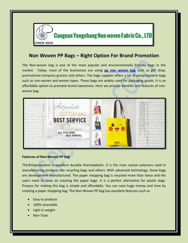 Advantage of Using Non Woven PP Bags