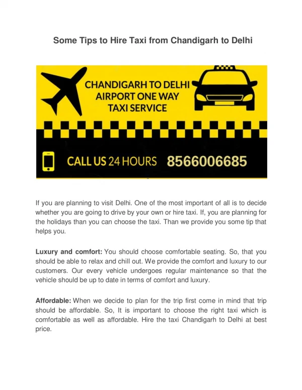 Some Tips to Hire Taxi from Chandigarh to Delhi