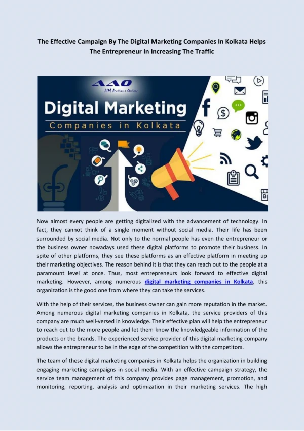 The Effective Campaign By The Digital Marketing Companies In Kolkata Helps The Entrepreneur In Increasing The Traffic
