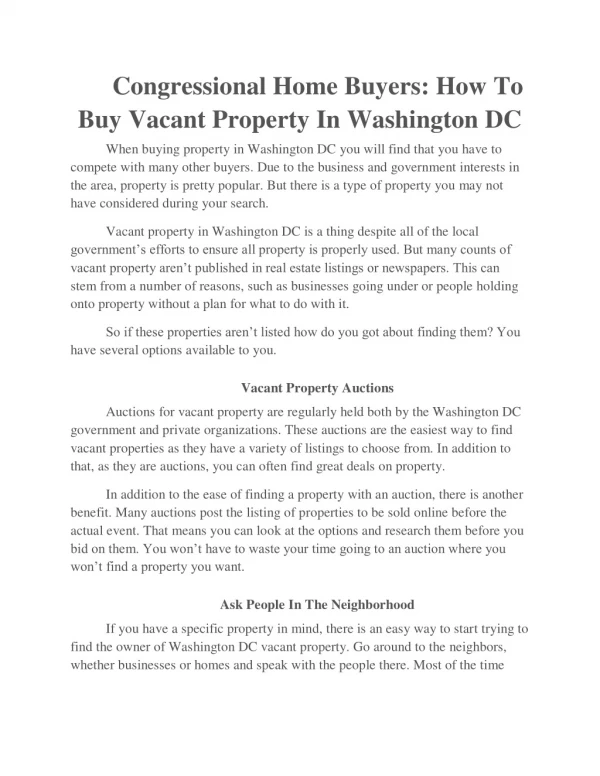 Congressional Home Buyers: How To Buy Vacant Property In Washington DC