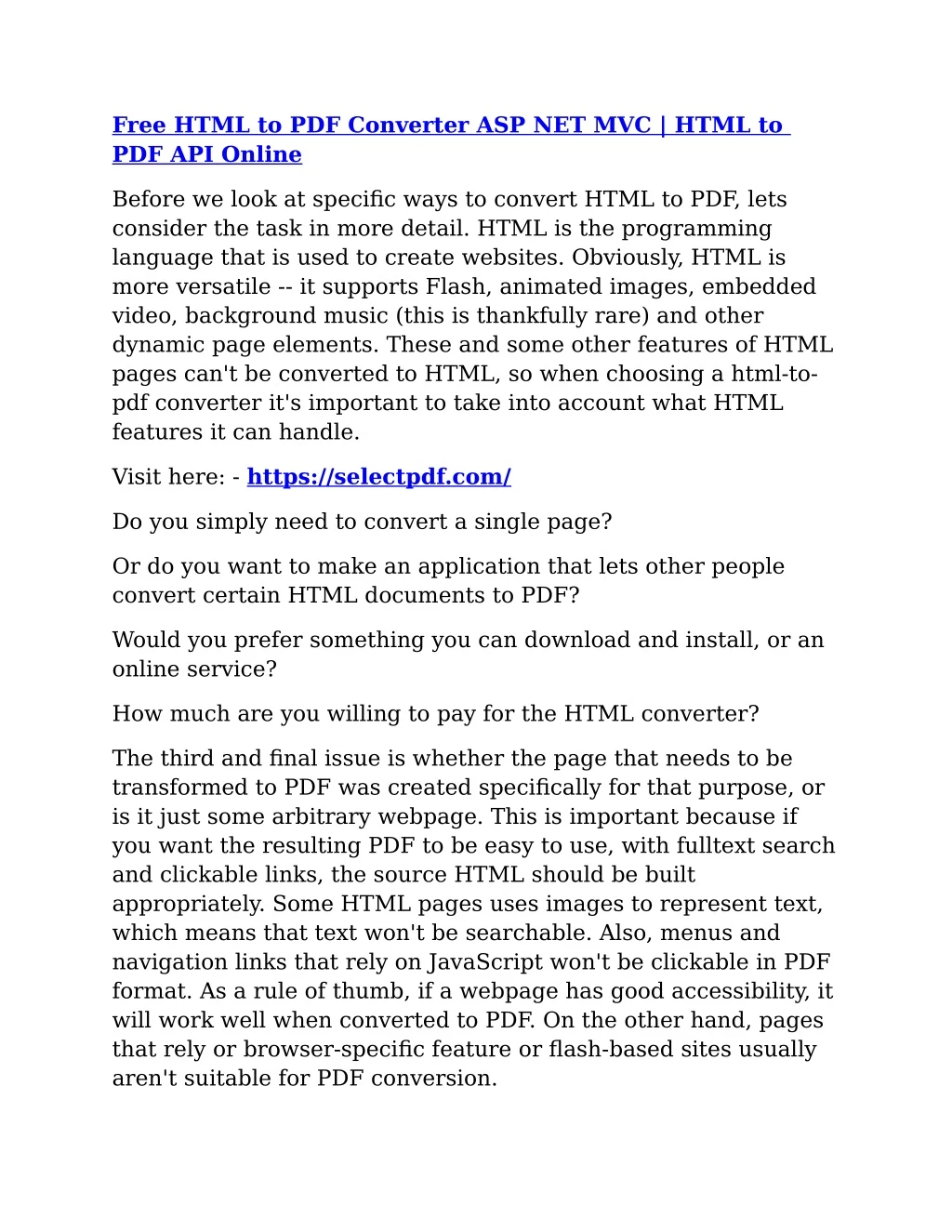 free html to pdf converter asp net mvc html