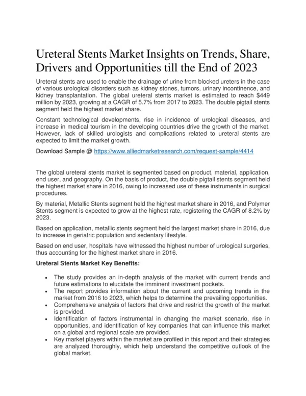 Ureteral Stents Market Insights 2023