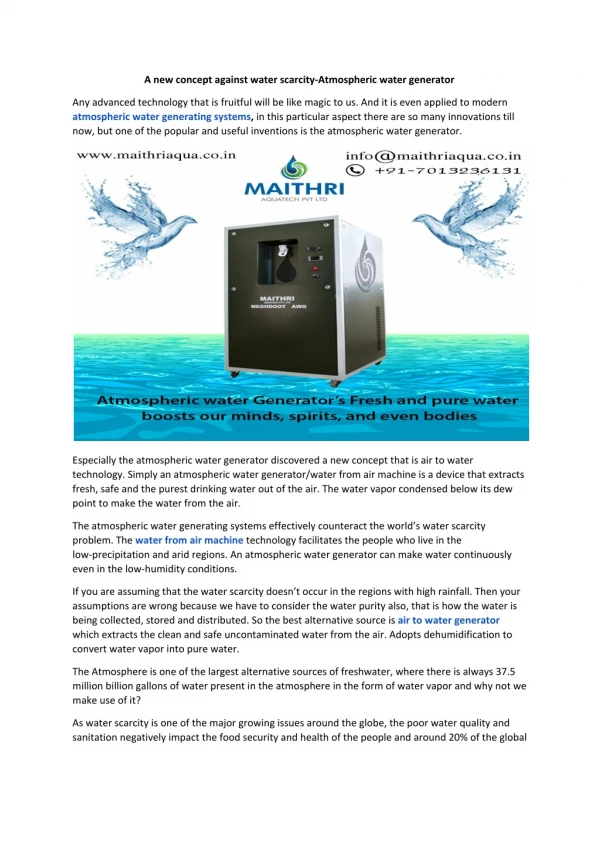 A new concept against water scarcity-Atmospheric water generator