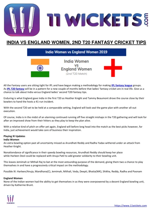 INDIA VS ENGLAND WOMEN, 2ND T20 FANTASY CRICKET TIPS
