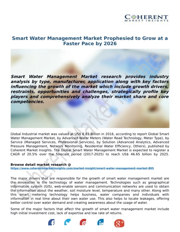 Smart Water Management Market Prophesied to Grow at a Faster Pace by 2026