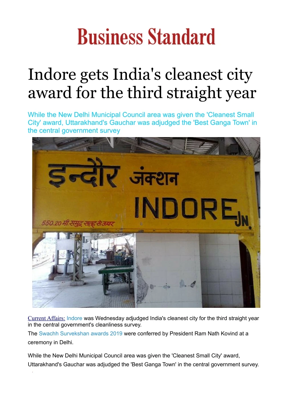 indore gets india s cleanest city award