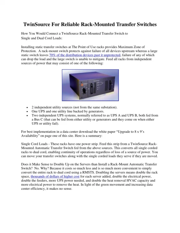 TwinSource For Reliable Rack-Mounted Transfer Switches