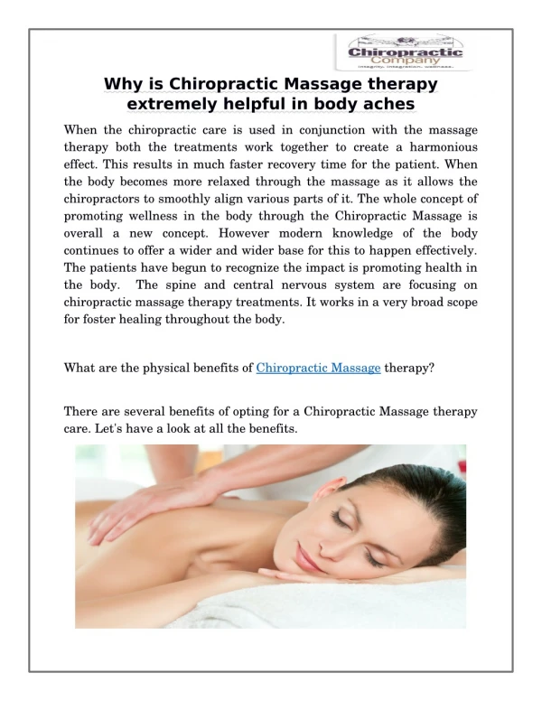 Why is Chiropractic Massage therapy extremely helpful in body aches