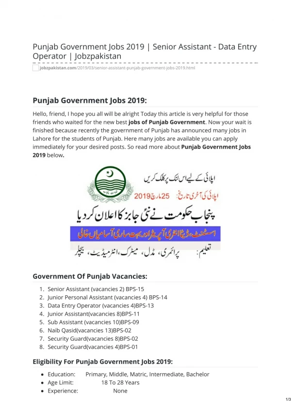 Punjab Government Jobs 2019 Senior Assistant - Data Entry Operator Jobzpakistan