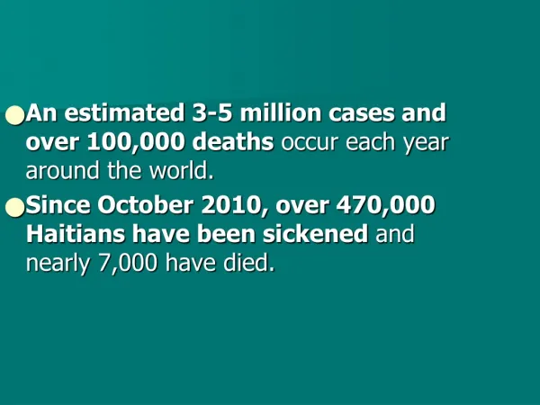 An estimated 3-5 million cases and over 100,000 deaths occur each year around the world.