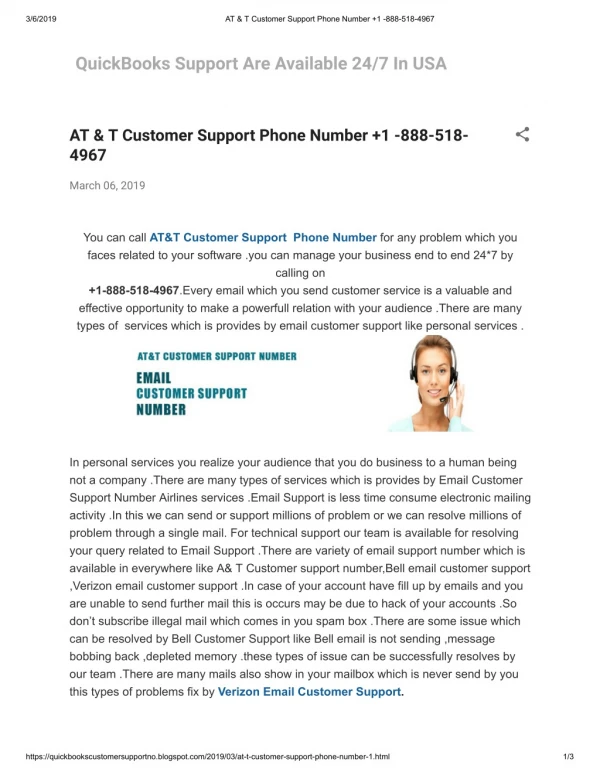 AT & T Customer Support Phone Number 1 -888-518-4967