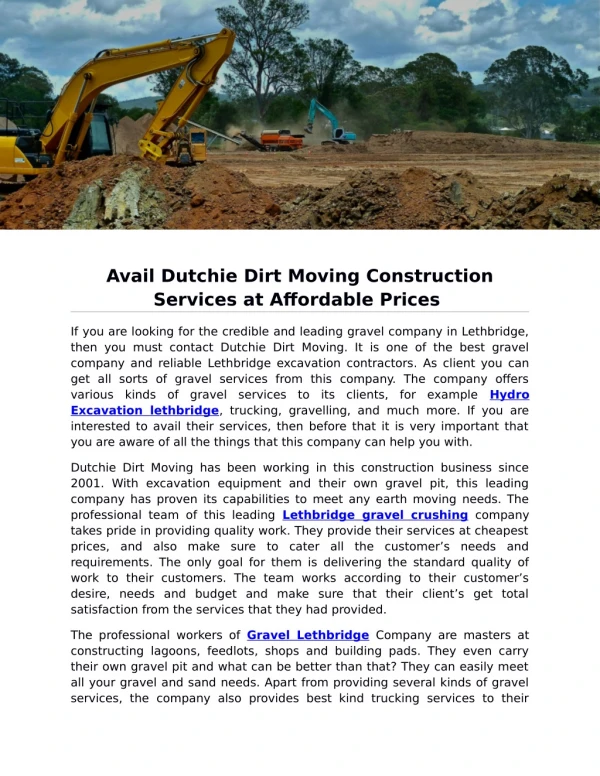 Avail Dutchie Dirt Moving Construction Services at Affordable Prices