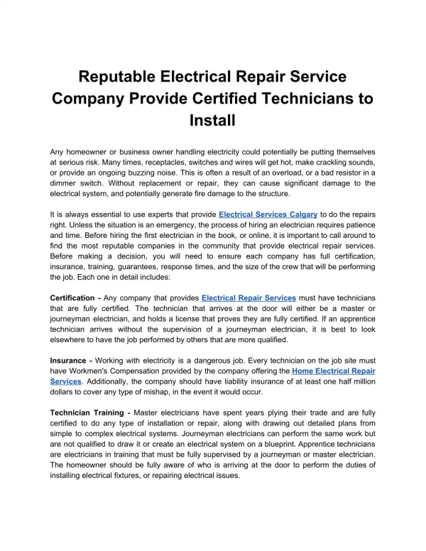 Reputable Electrical Repair Service Company Provide Certified Technicians to Install