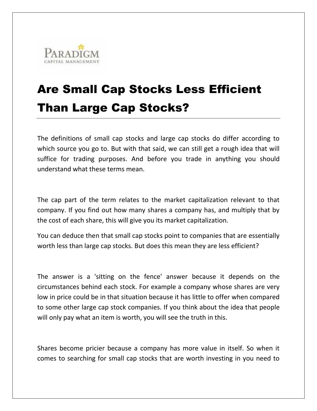 are small cap stocks less efficient than large