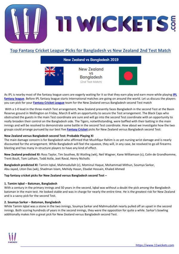 Top Fantasy Cricket League Picks for Bangladesh vs New Zealand 2nd Test Match