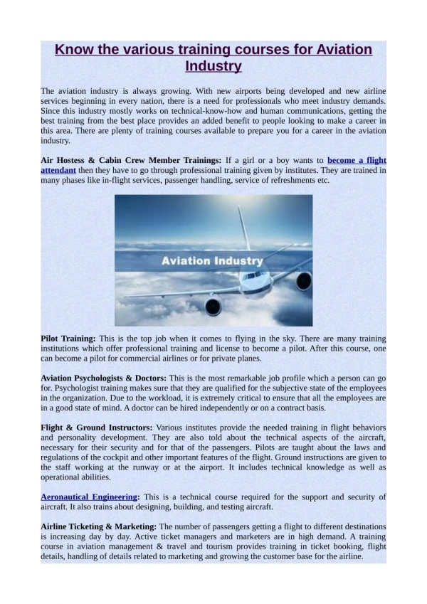 Know the various training courses for Aviation Industry