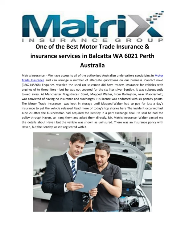 Motor Trade Insurance & Insurance Brokers Perth