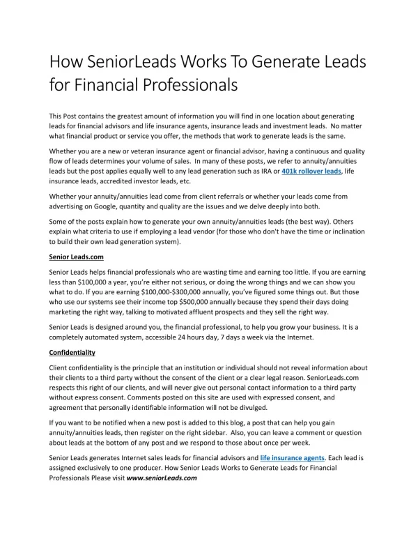 How SeniorLeads Works To Generate Leads for Financial Professionals