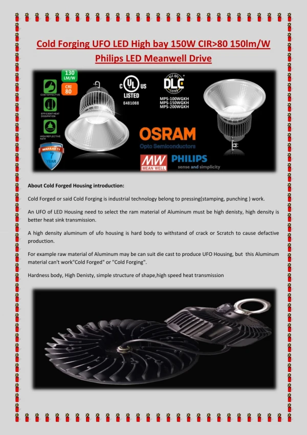 Cold Forging UFO LED High bay 150W CIR>80 150lm/W Philips LED Meanwell Drive