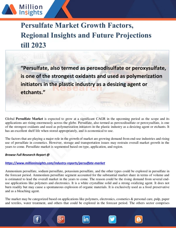 Persulfate Market Growth Factors, Regional Insights and Future Projections till 2023