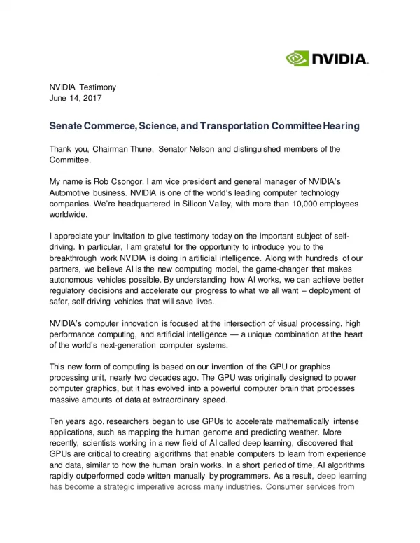 NVIDIA Testimony at Senate Commerce, Science, and Transportation Committee Hearing