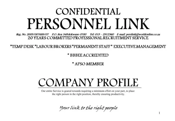 CONFIDENTIAL PERSONNEL LINK Reg. No. 2005