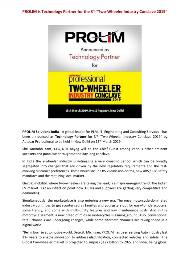 PROLIM is Technology Partner for the 3rd “Two-Wheeler Industry Conclave 2019”