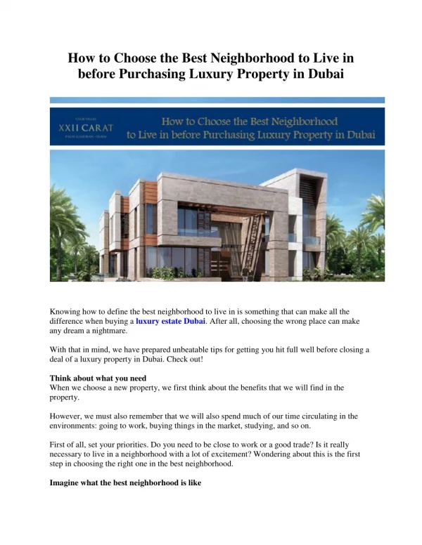 How to Choose the Best Neighborhood to Live in before Purchasing Luxury Property in Dubai