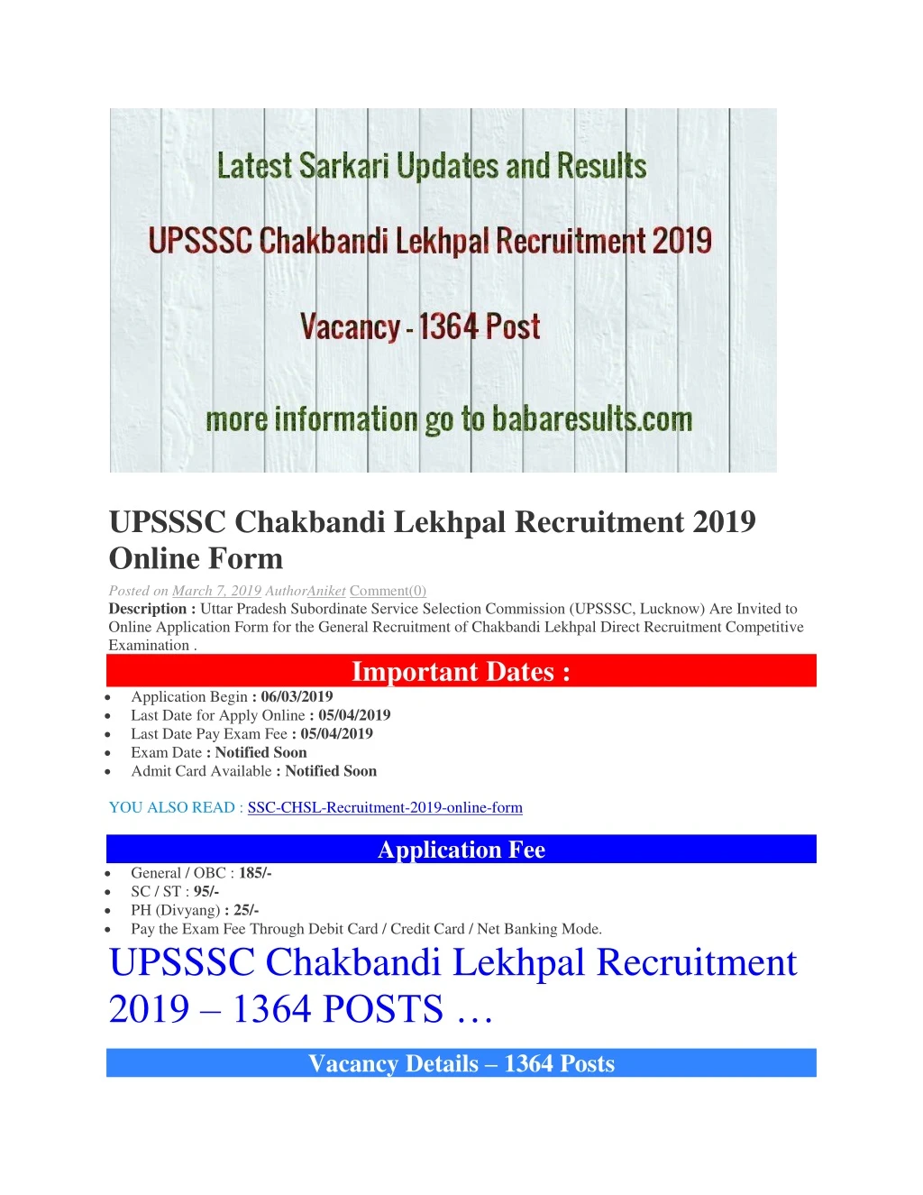 latest jobs upsssc chakbandi lekhpal recruitment