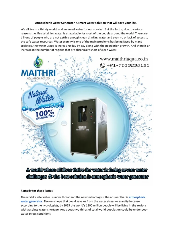 Atmospheric water Generator-A smart water solution that will save your life.