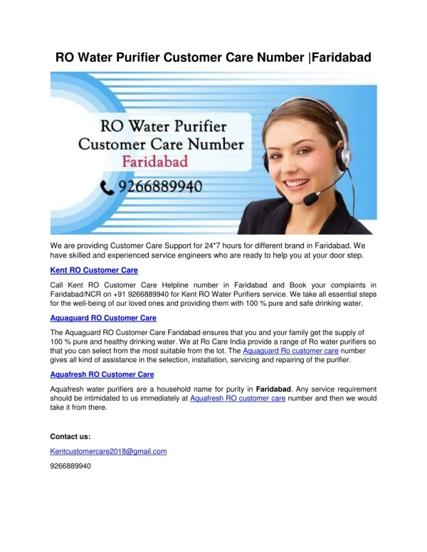 RO Water Purifier Customer Care Number|Faridabad