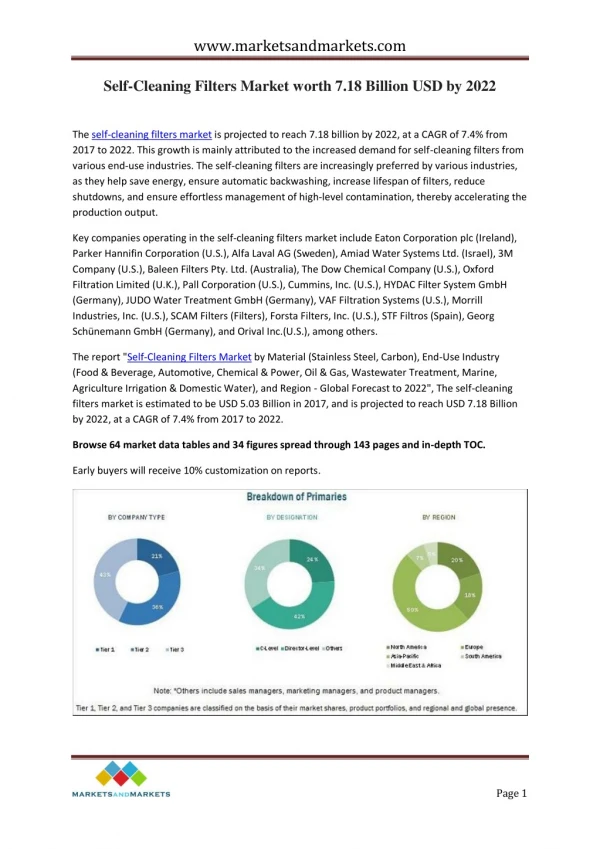 Self-Cleaning Filters Market worth 7.18 Billion USD by 2022