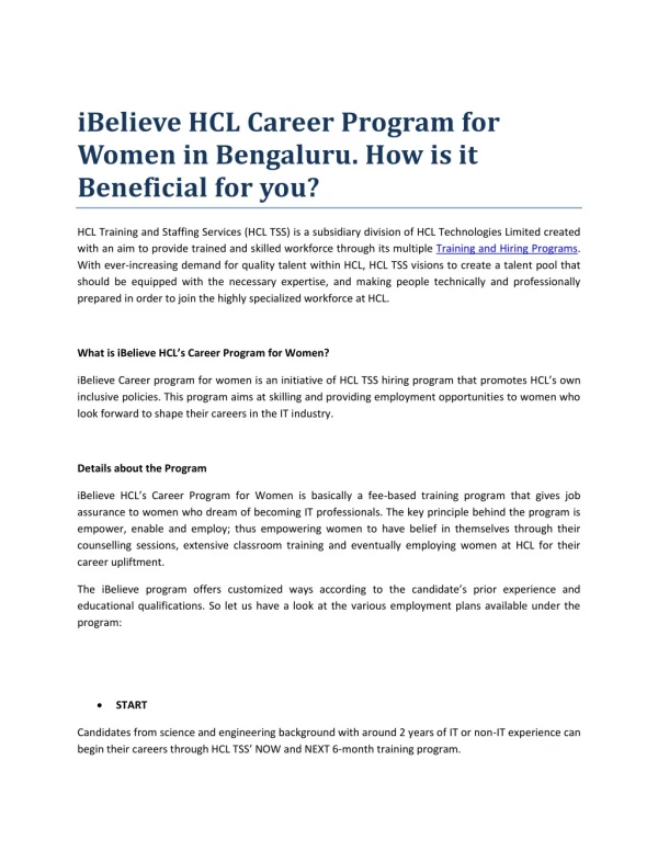 iBelieve HCL Career Program for Women in Bengaluru. How is it Beneficial for you?