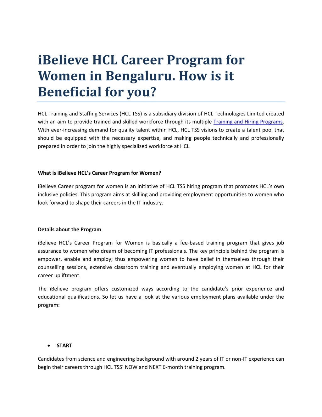 ibelieve hcl career program for women