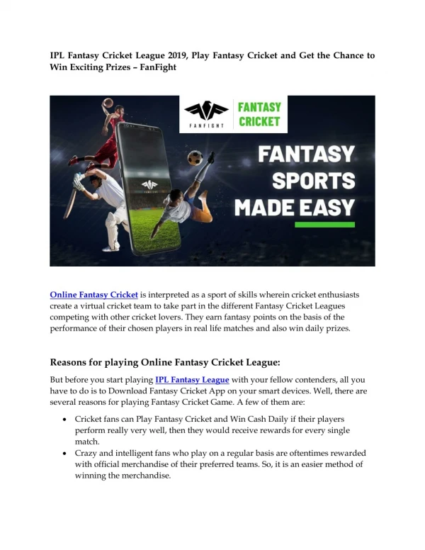 IPL Fantasy Cricket League 2019, Play and Get the Chance to Win Exciting Prizes - FanFight