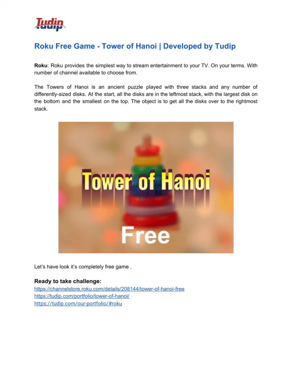 Roku Game - Tower of Hanoi Free | Developed by Tudip