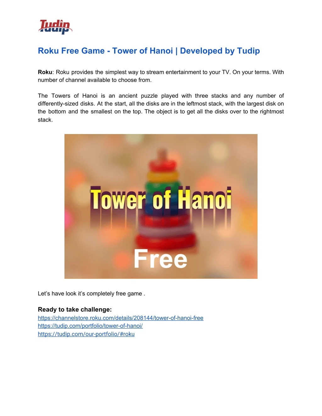 roku free game tower of hanoi developed by tudip