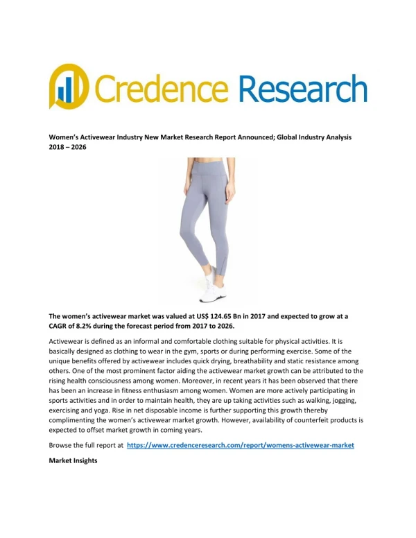 Women’s Activewear Industry New Market Research Report Announced; Global Industry Analysis 2018 - 2026