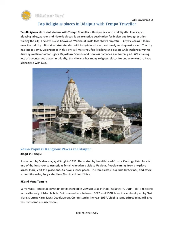 Top Religious places in Udaipur with Tempo Traveller