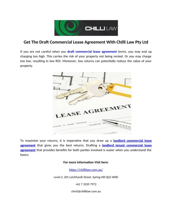 Get The Draft Commercial Lease Agreement With Chilli Law Pty Ltd