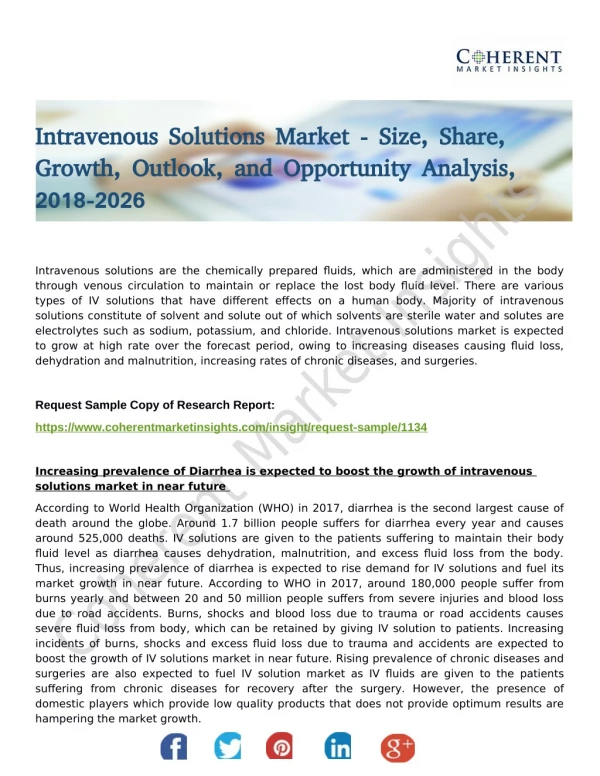 Intravenous Solutions Market provides an in-depth insight of Sales and Trends Forecast to 2026