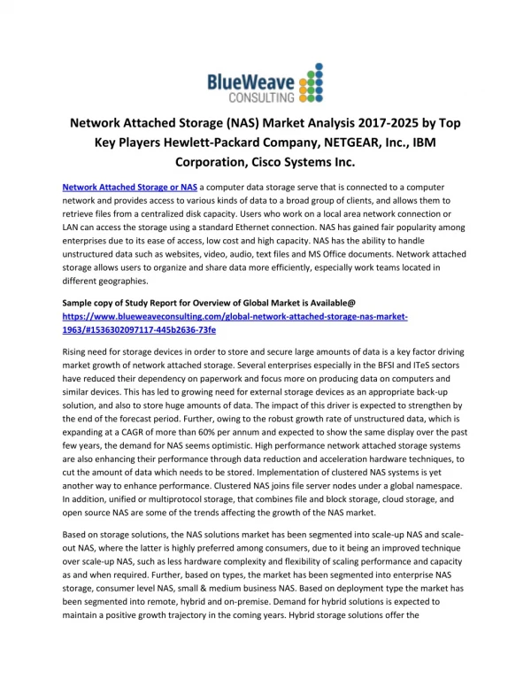 Network Attached Storage (NAS) Market Analysis 2017-2025 by Top Key Players Hewlett-Packard Company, NETGEAR, Inc., IBM